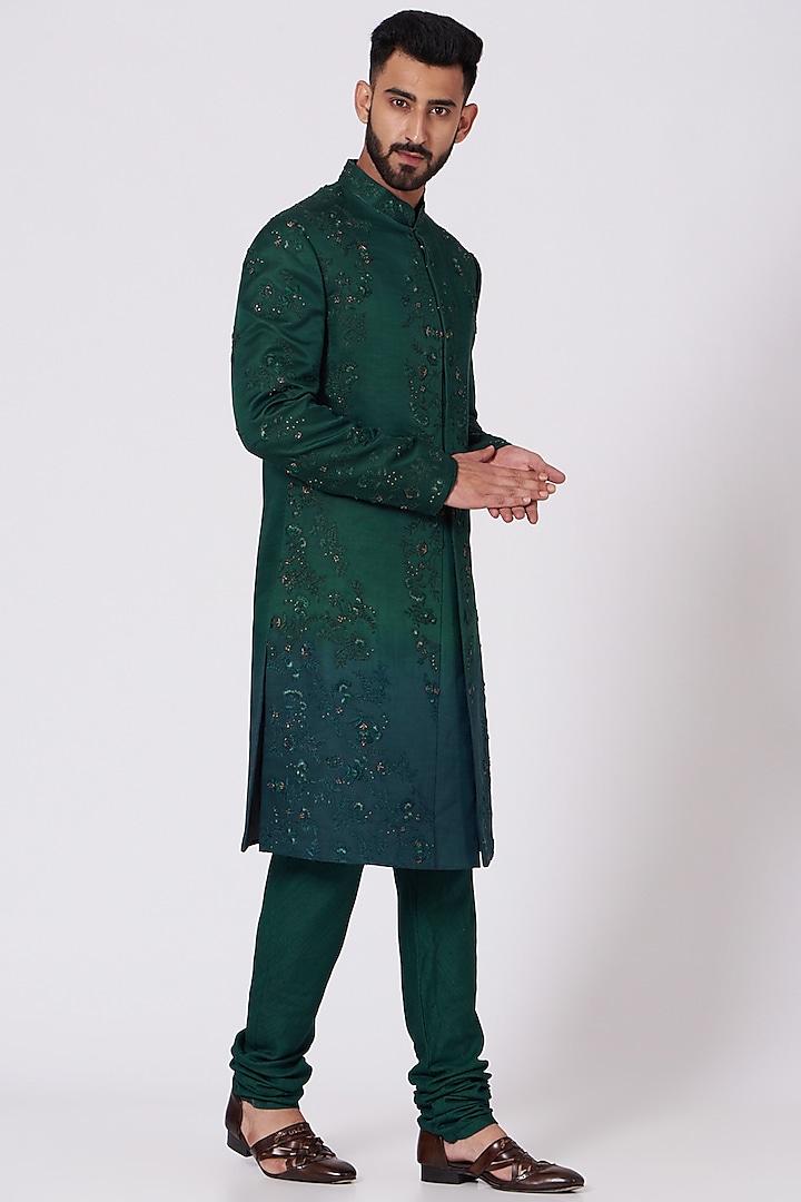 Forest Green Slub Silk Embroidered Sherwani by Jatin Malik