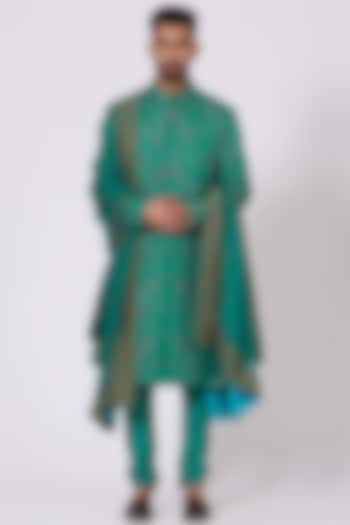 Jade Green Linen Silk Embroidered Groom Sherwani by Jatin Malik at Pernia's Pop Up Shop