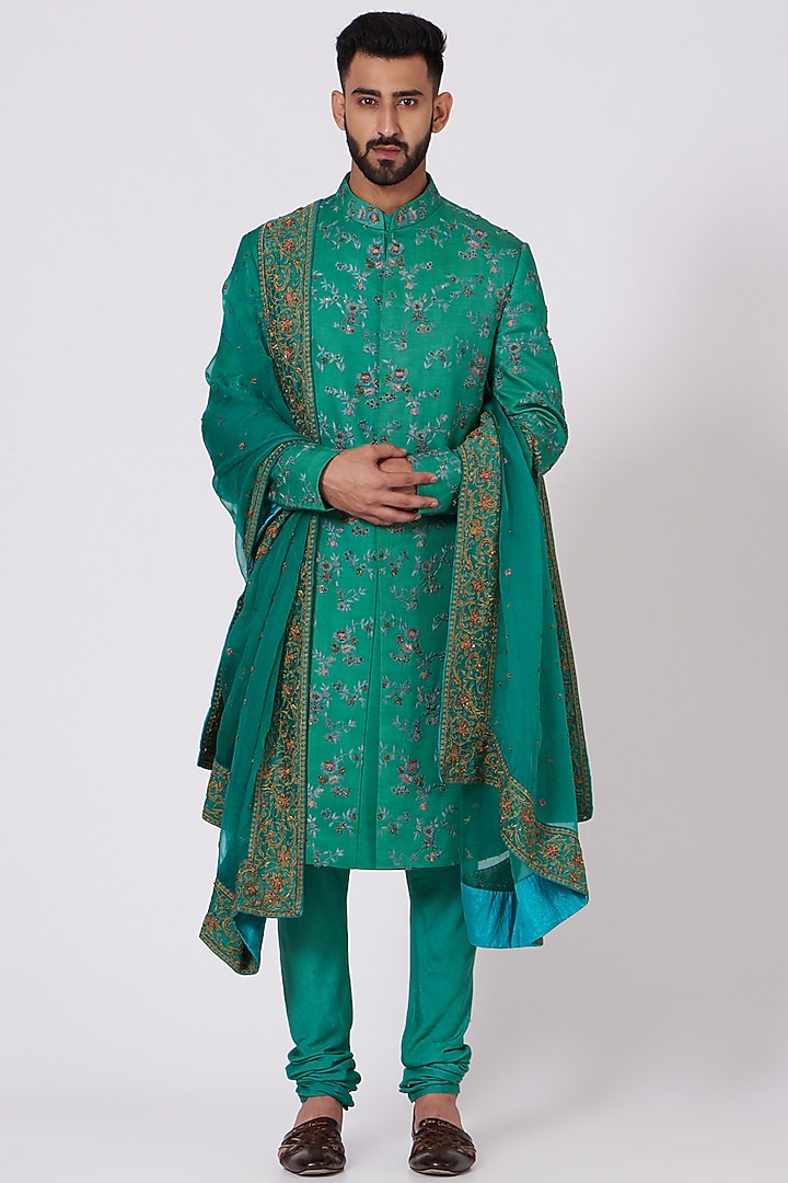 Jade Green Linen Silk Embroidered Groom Sherwani by Jatin Malik at Pernia's Pop Up Shop