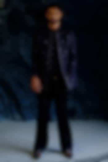 Midnight Blue Linen Silk Hand Embroidered Groom Bandhgala Set by Jatin Malik at Pernia's Pop Up Shop