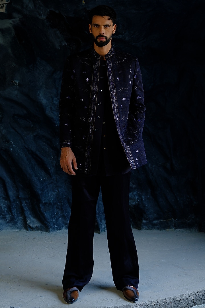 Midnight Blue Linen Silk Hand Embroidered Groom Bandhgala Set by Jatin Malik at Pernia's Pop Up Shop