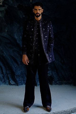 Midnight Blue Linen Silk Hand Embroidered Bandhgala Set by Jatin Malik