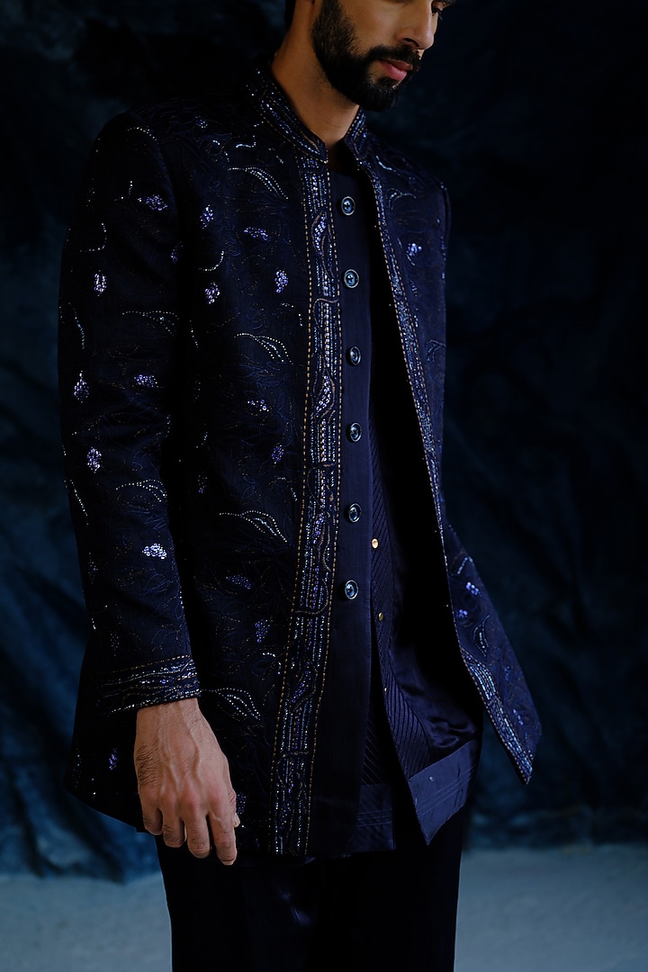 Midnight Blue Linen Silk Hand Embroidered Groom Bandhgala Set by Jatin Malik at Pernia's Pop Up Shop