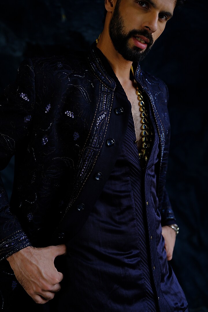Midnight Blue Linen Silk Hand Embroidered Groom Bandhgala Set by Jatin Malik at Pernia's Pop Up Shop
