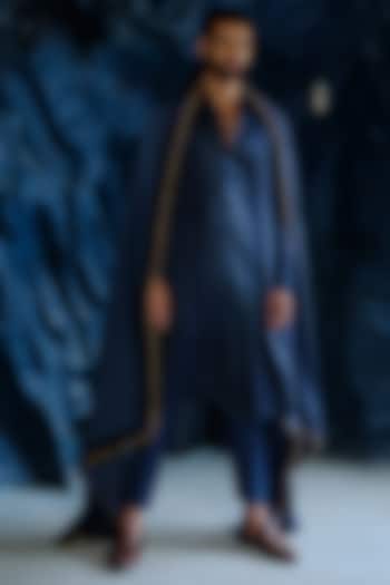 Charcoal Blue Linen Silk Kurta Set by Jatin Malik at Pernia's Pop Up Shop