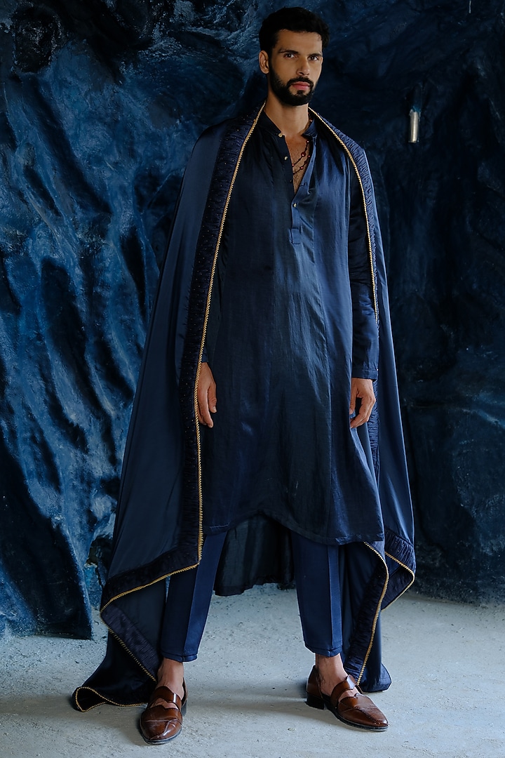 Charcoal Blue Linen Silk Kurta Set by Jatin Malik at Pernia's Pop Up Shop