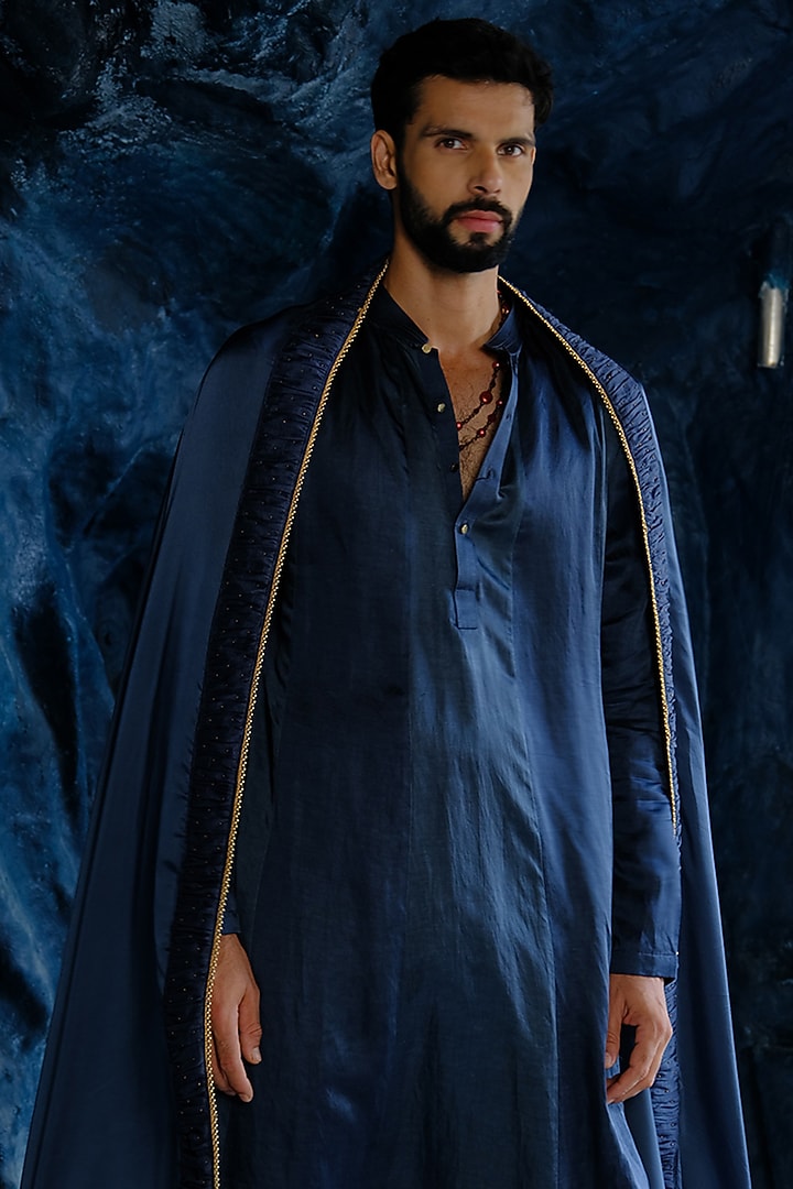 Charcoal Blue Linen Silk Kurta Set by Jatin Malik at Pernia's Pop Up Shop