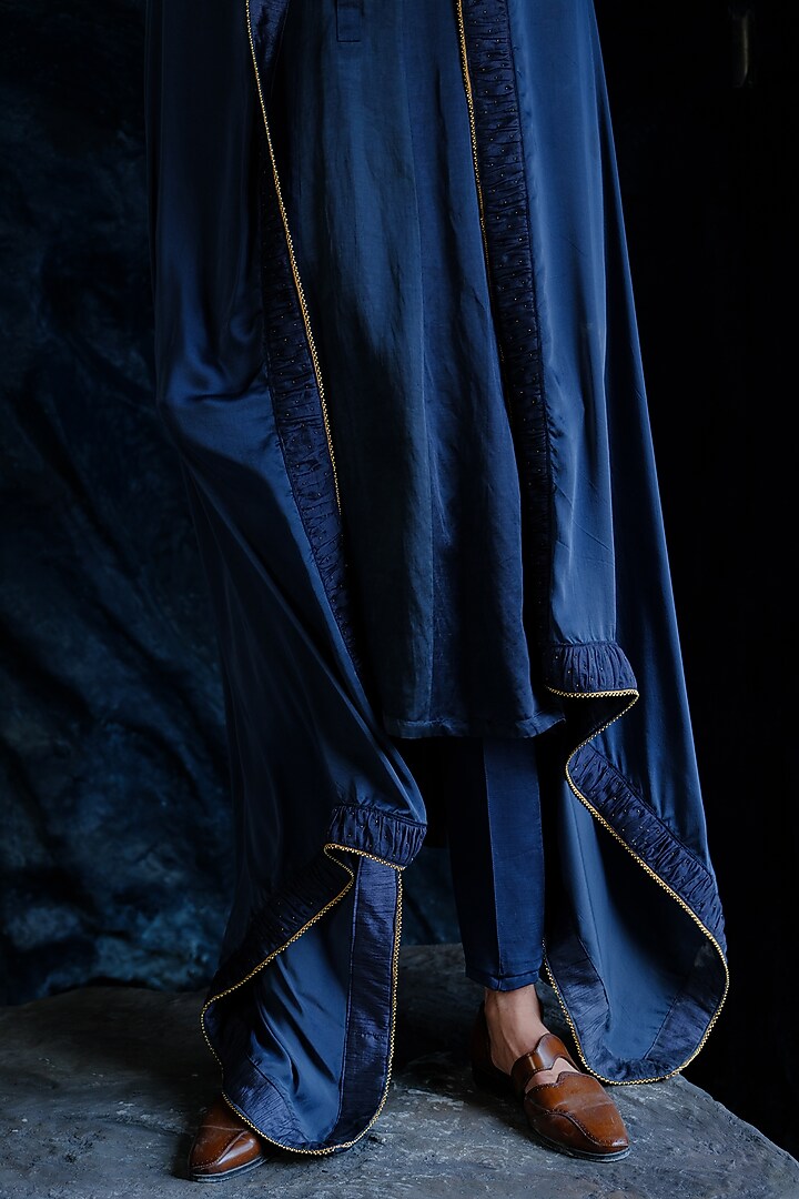 Charcoal Blue Linen Silk Kurta Set by Jatin Malik at Pernia's Pop Up Shop