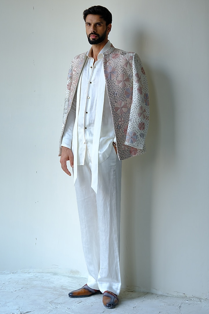 Blush Pink Linen Silk Cutdana Hand Embroidered Short Jacket Set by Jatin Malik at Pernia's Pop Up Shop