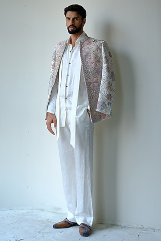 Blush Pink Linen Silk Cutdana Hand Embroidered Short Jacket Set by Jatin Malik