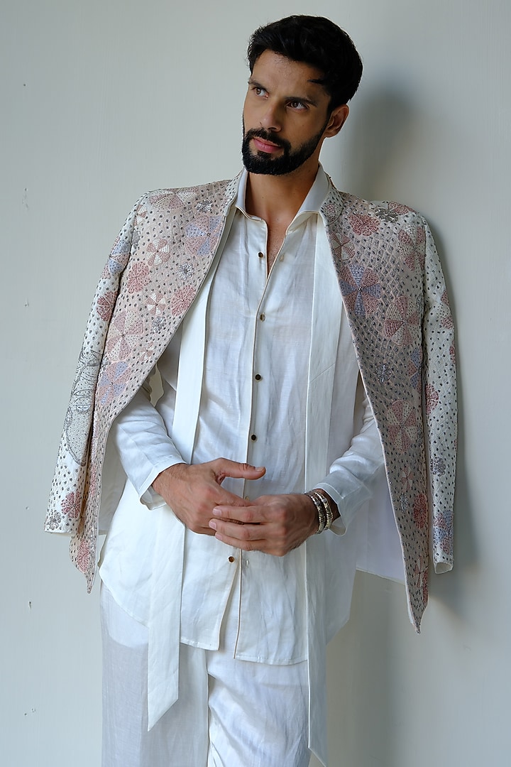 Blush Pink Linen Silk Cutdana Hand Embroidered Short Jacket Set by Jatin Malik at Pernia's Pop Up Shop