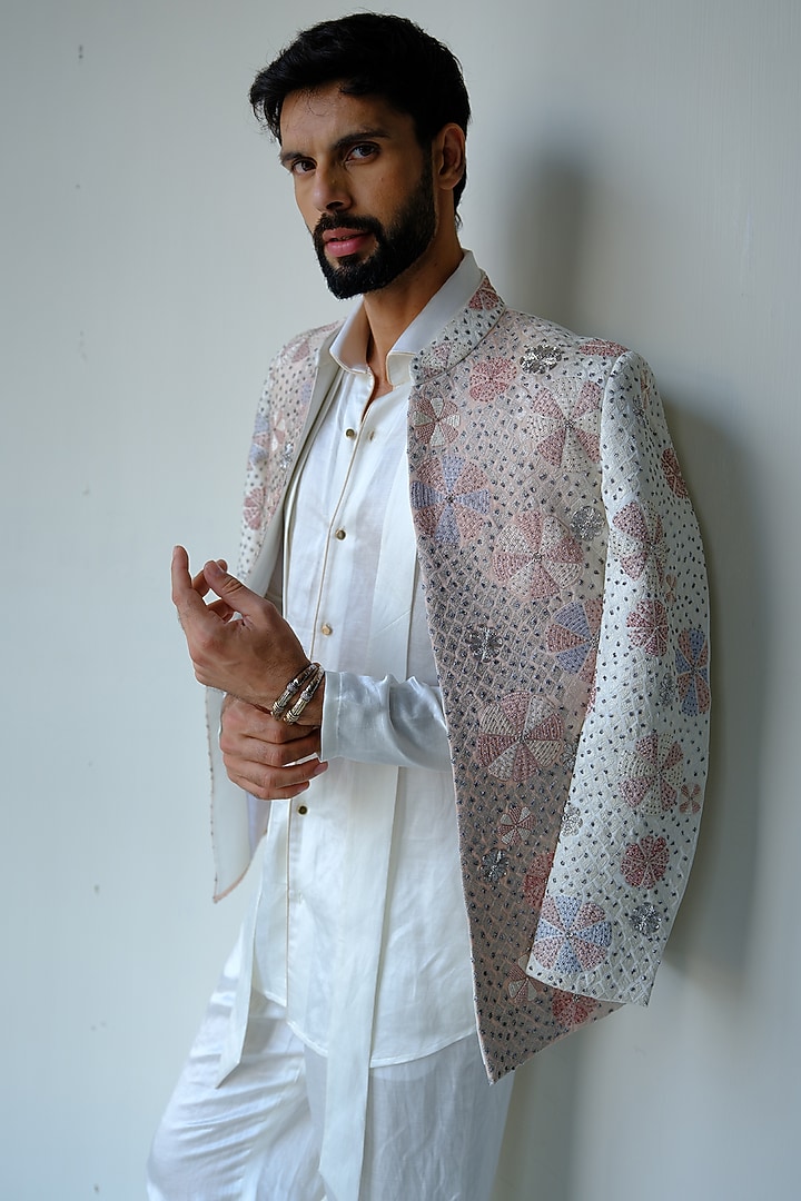 Blush Pink Linen Silk Cutdana Hand Embroidered Short Jacket Set by Jatin Malik at Pernia's Pop Up Shop