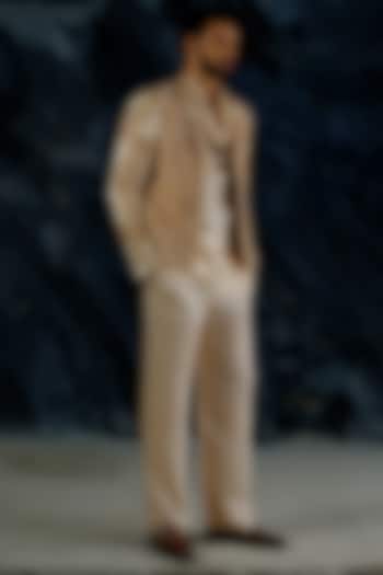 Butter Cream Linen Silk Hand Embroidered Short Jacket Set by Jatin Malik at Pernia's Pop Up Shop