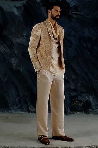 Butter Cream Linen Silk Hand Embroidered Short Jacket Set by Jatin Malik