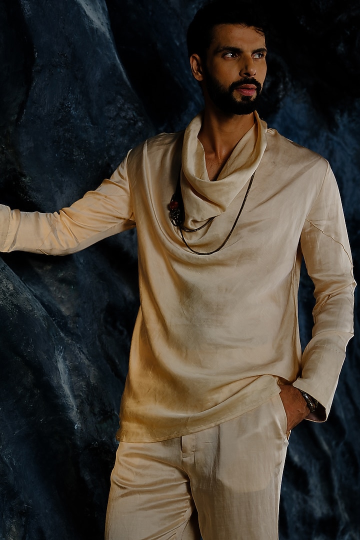 Butter Cream Linen Silk Hand Embroidered Short Jacket Set by Jatin Malik at Pernia's Pop Up Shop