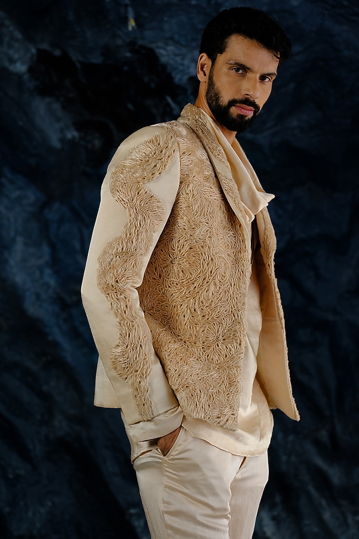 Butter Cream Linen Silk Hand Embroidered Short Jacket Set by Jatin Malik at Pernia's Pop Up Shop