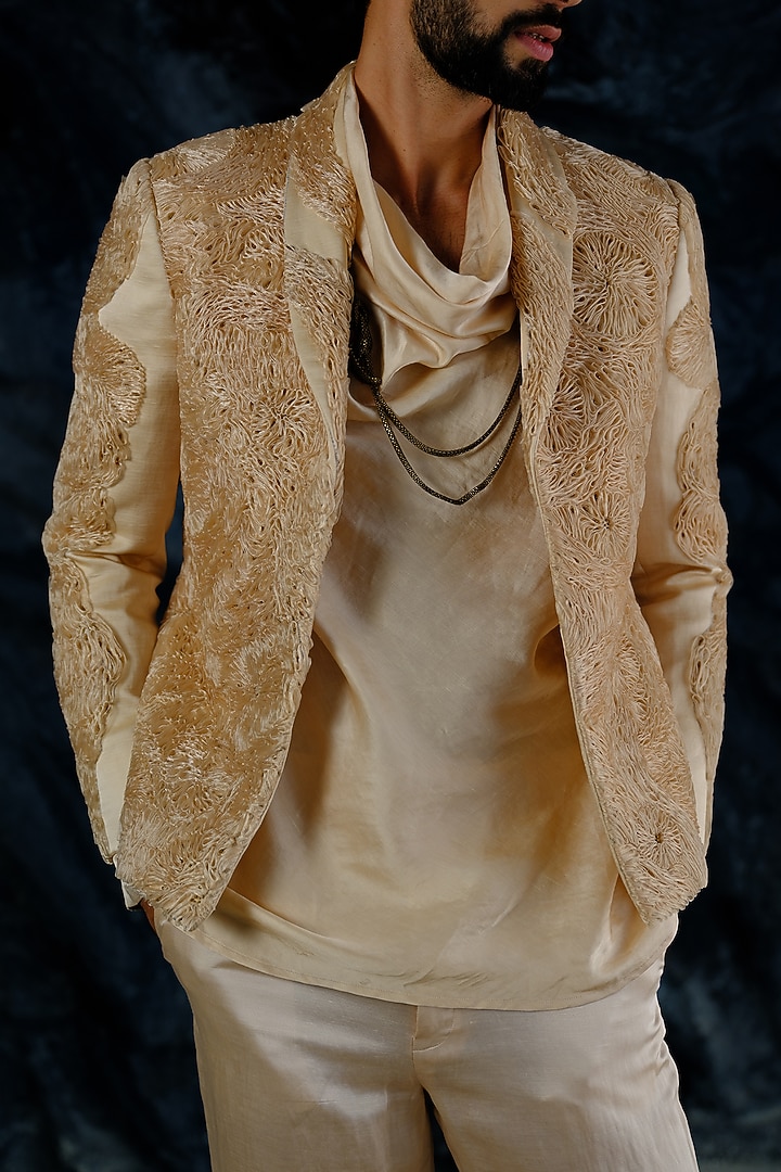 Butter Cream Linen Silk Hand Embroidered Short Jacket Set by Jatin Malik at Pernia's Pop Up Shop