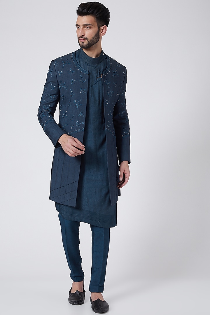 Teal Blue Embroidered Jacket Set by Jatin Malik
