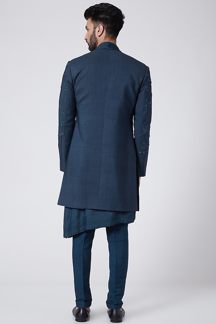 Teal Blue Slub Silk Floral Embroidered Indo-Western Set by Jatin Malik at Pernia's Pop Up Shop