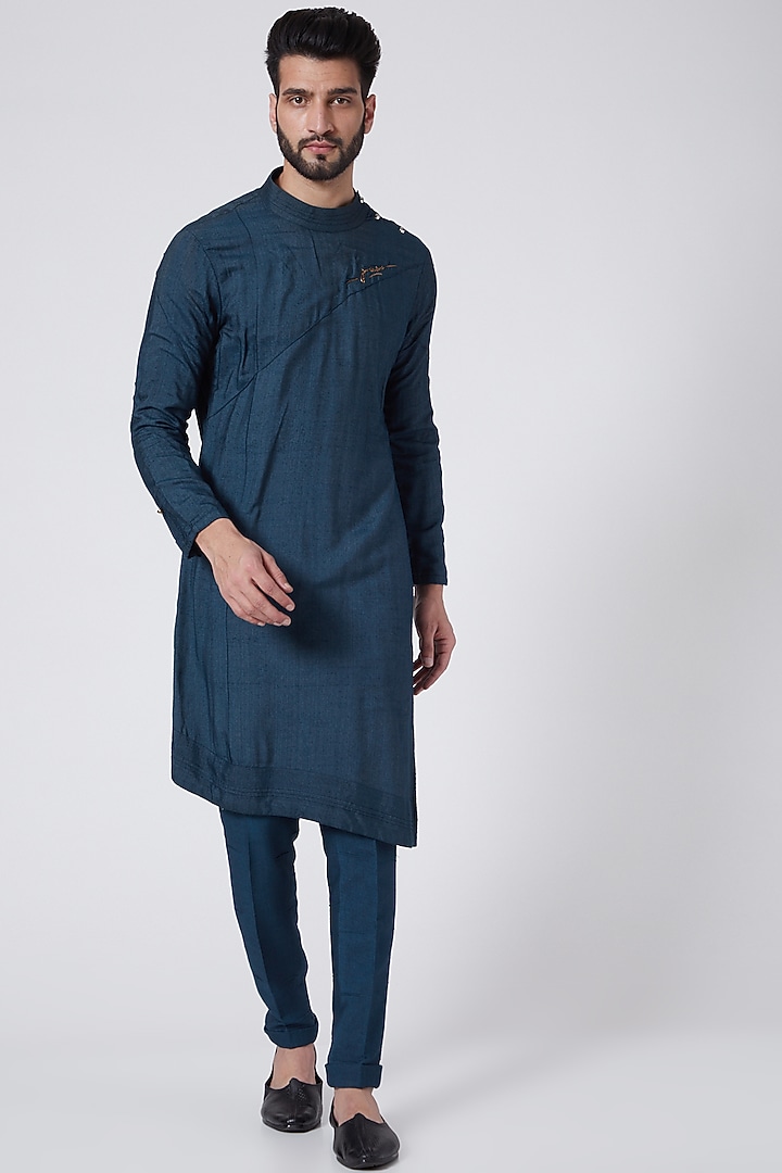 Teal Blue Slub Silk Floral Embroidered Indo-Western Set by Jatin Malik at Pernia's Pop Up Shop