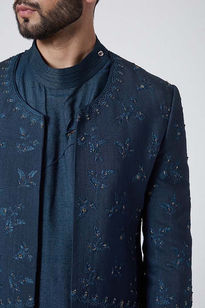 Teal Blue Slub Silk Floral Embroidered Indo-Western Set by Jatin Malik at Pernia's Pop Up Shop