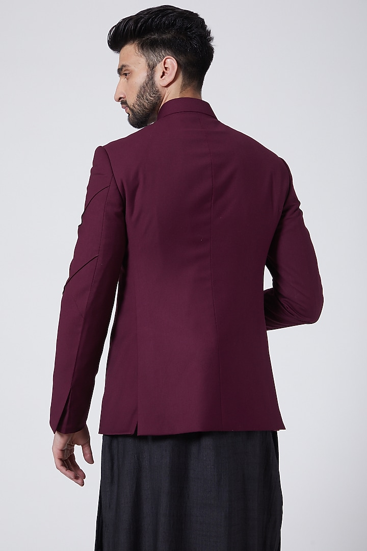 Wine Terry Rayon Embroidered Groom Bandhgala Set by Jatin Malik at Pernia's Pop Up Shop