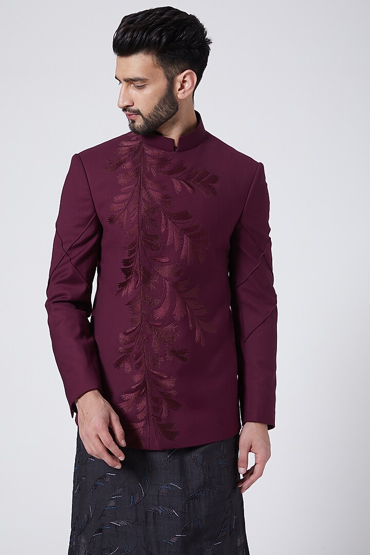 Wine Terry Rayon Embroidered Groom Bandhgala Set by Jatin Malik at Pernia's Pop Up Shop