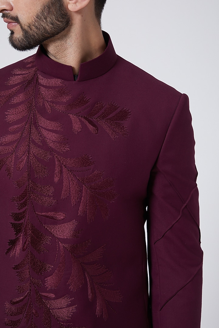 Wine Terry Rayon Embroidered Groom Bandhgala Set by Jatin Malik at Pernia's Pop Up Shop