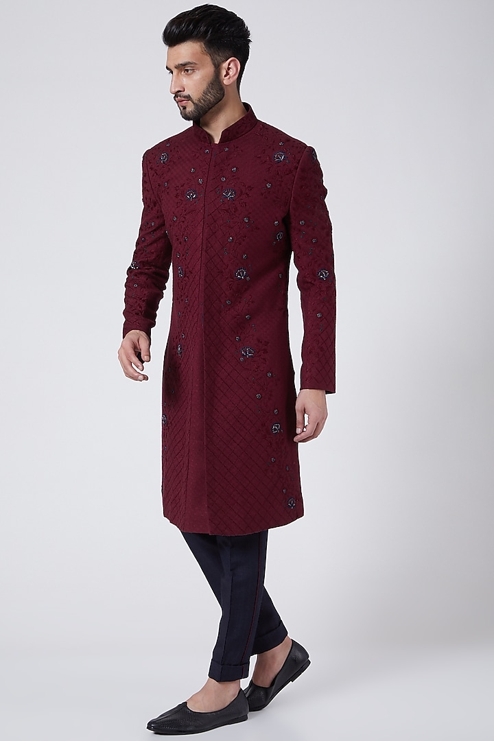 Wine Embroidered Achkan Groom Sherwani Set by Jatin Malik at Pernia's Pop Up Shop