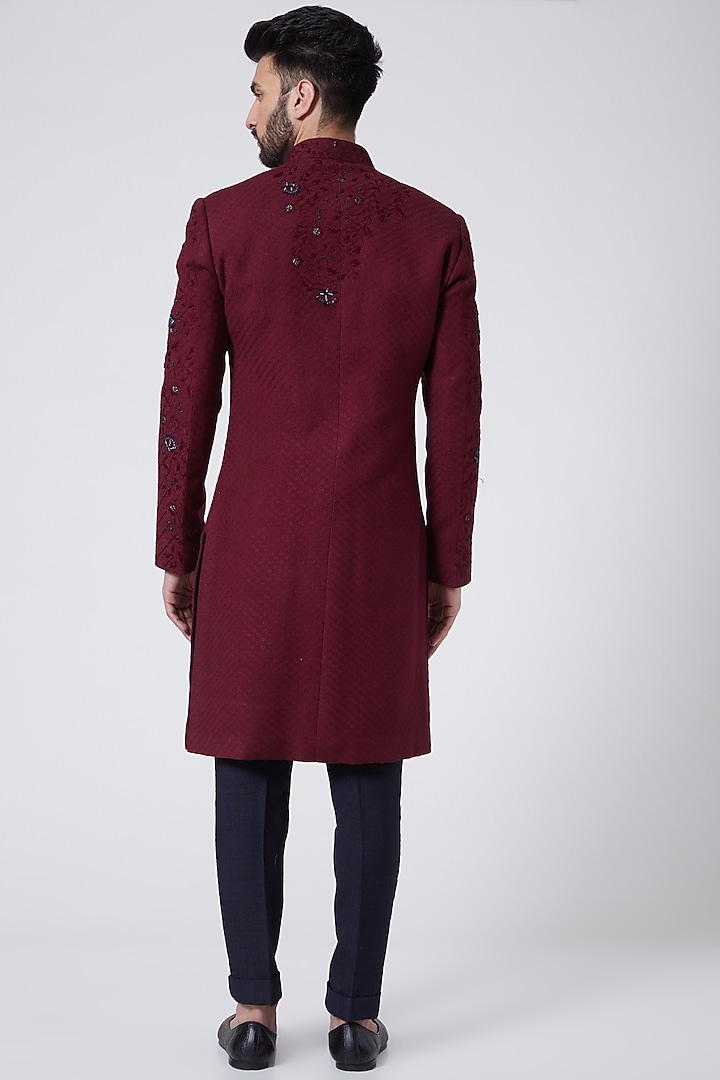Wine Textured Cotton Silk Floral Embroidered Groom Sherwani Set by Jatin Malik at Pernia's Pop Up Shop