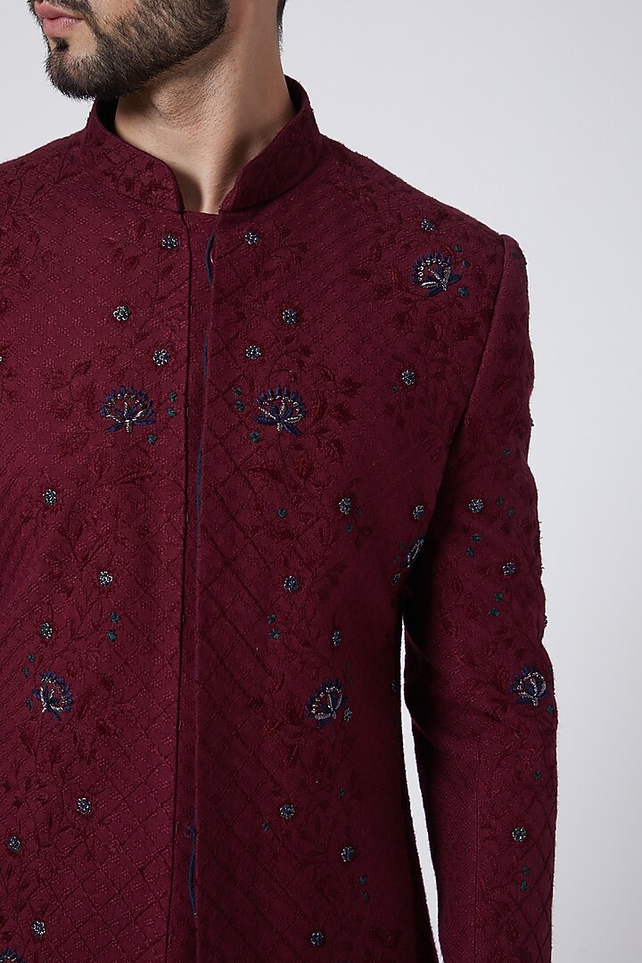 Wine Textured Cotton Silk Floral Embroidered Groom Sherwani Set by Jatin Malik at Pernia's Pop Up Shop