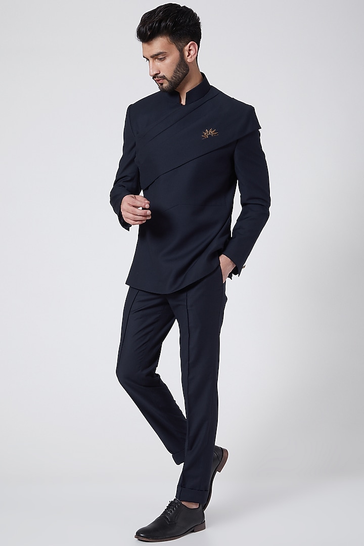 Midnight Blue Embroidered Wedding Bandhgala Jacket Set by Jatin Malik at Pernia's Pop Up Shop