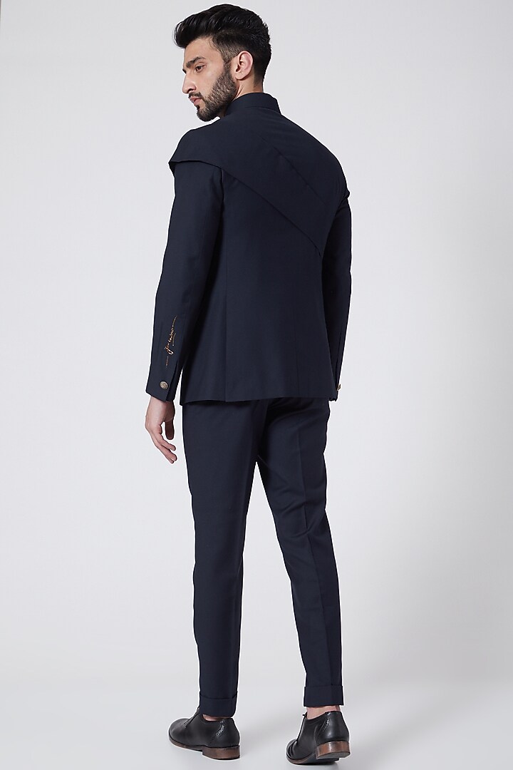 Midnight Blue Embroidered Wedding Bandhgala Jacket Set by Jatin Malik at Pernia's Pop Up Shop