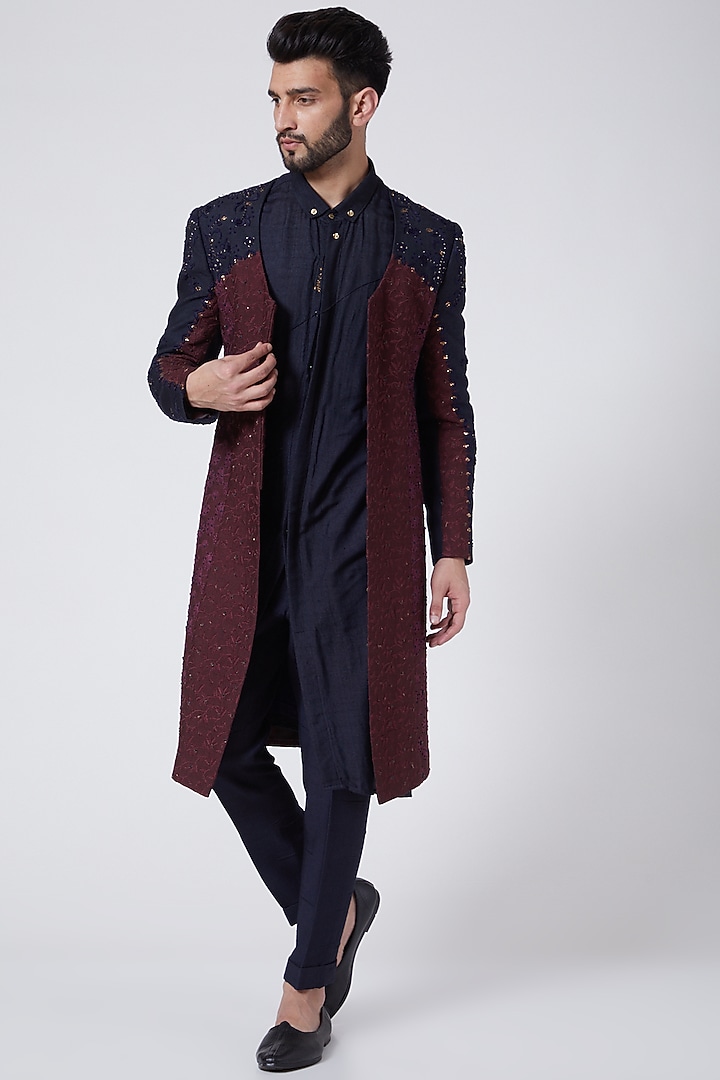Maroon Embroidered Contemporary Groom Indowestern Jacket Set by Jatin Malik at Pernia's Pop Up Shop