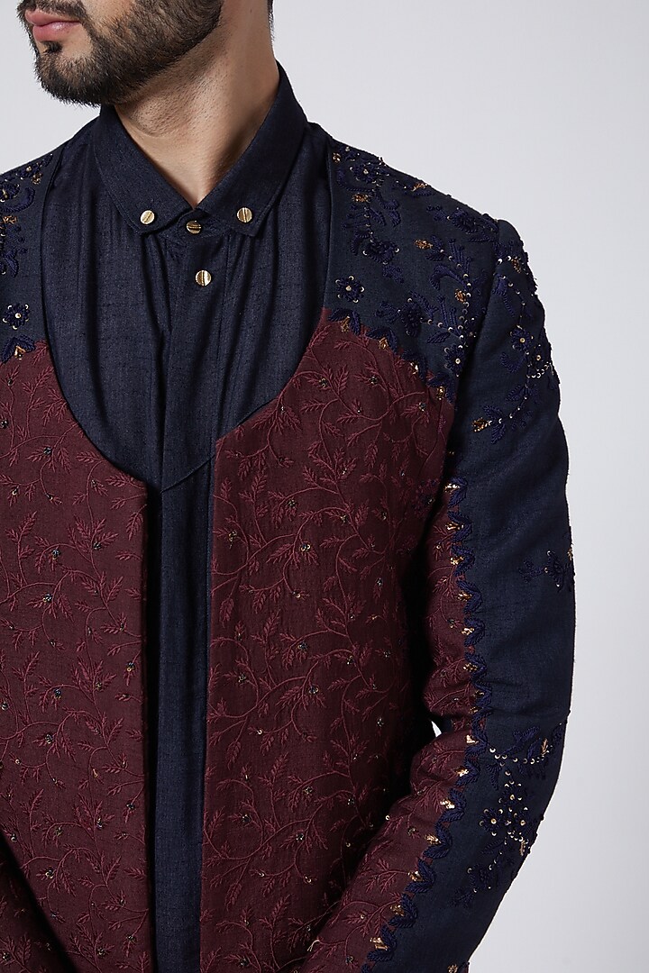 Maroon Embroidered Contemporary Groom Indowestern Jacket Set by Jatin Malik at Pernia's Pop Up Shop