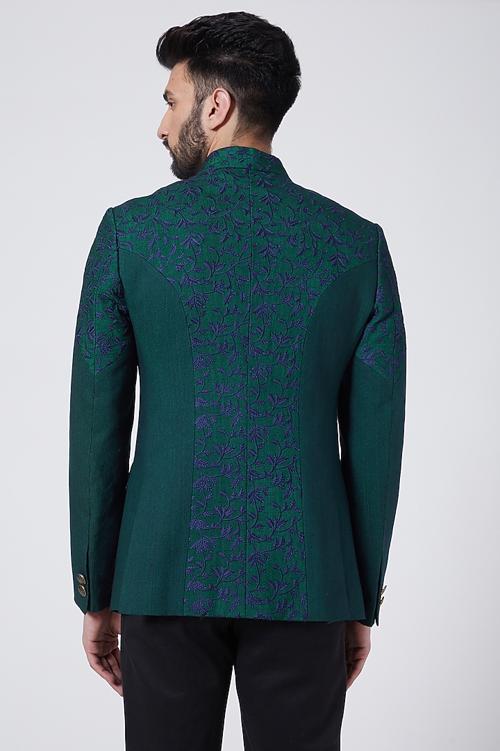 Forest Green Slub Silk Embroidered Groom Bandhgala Set by Jatin Malik at Pernia's Pop Up Shop