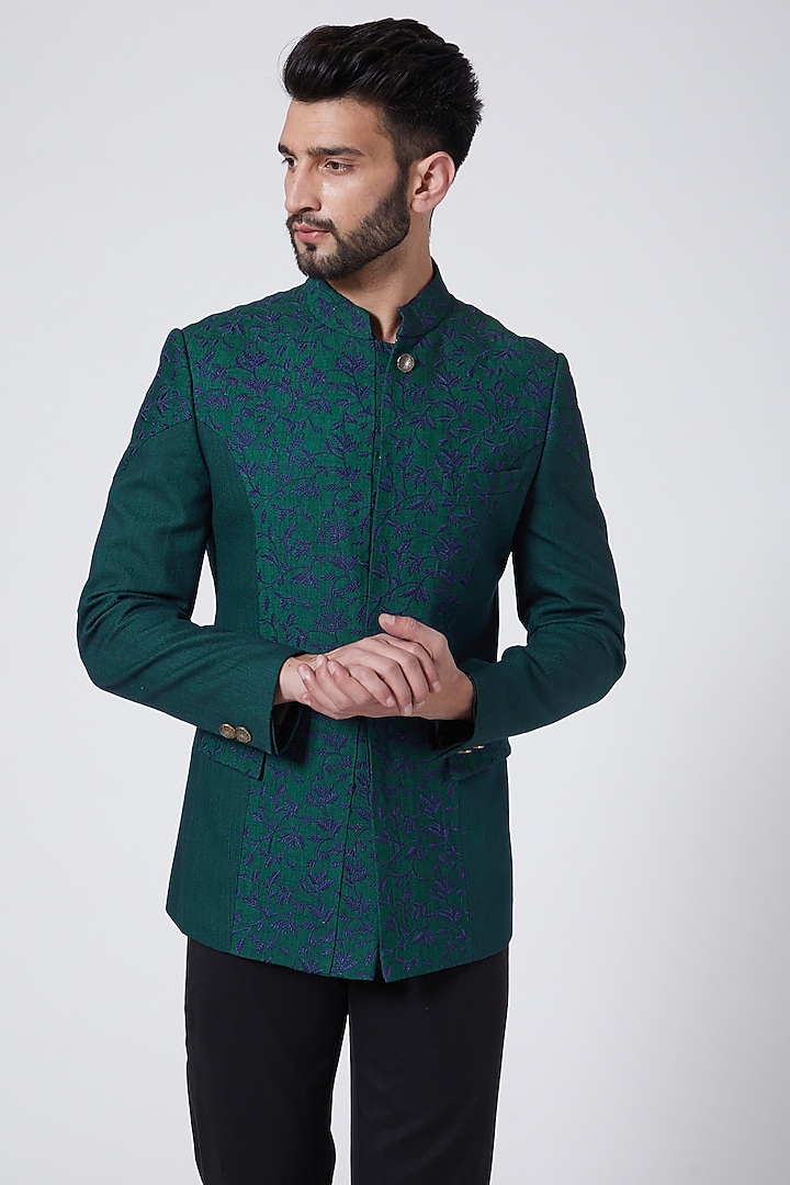 Forest Green Slub Silk Embroidered Groom Bandhgala Set by Jatin Malik at Pernia's Pop Up Shop