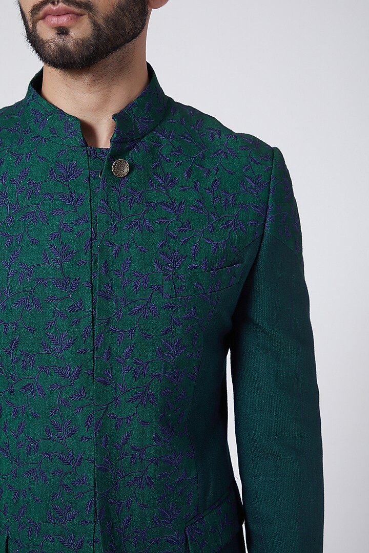 Forest Green Slub Silk Embroidered Groom Bandhgala Set by Jatin Malik at Pernia's Pop Up Shop