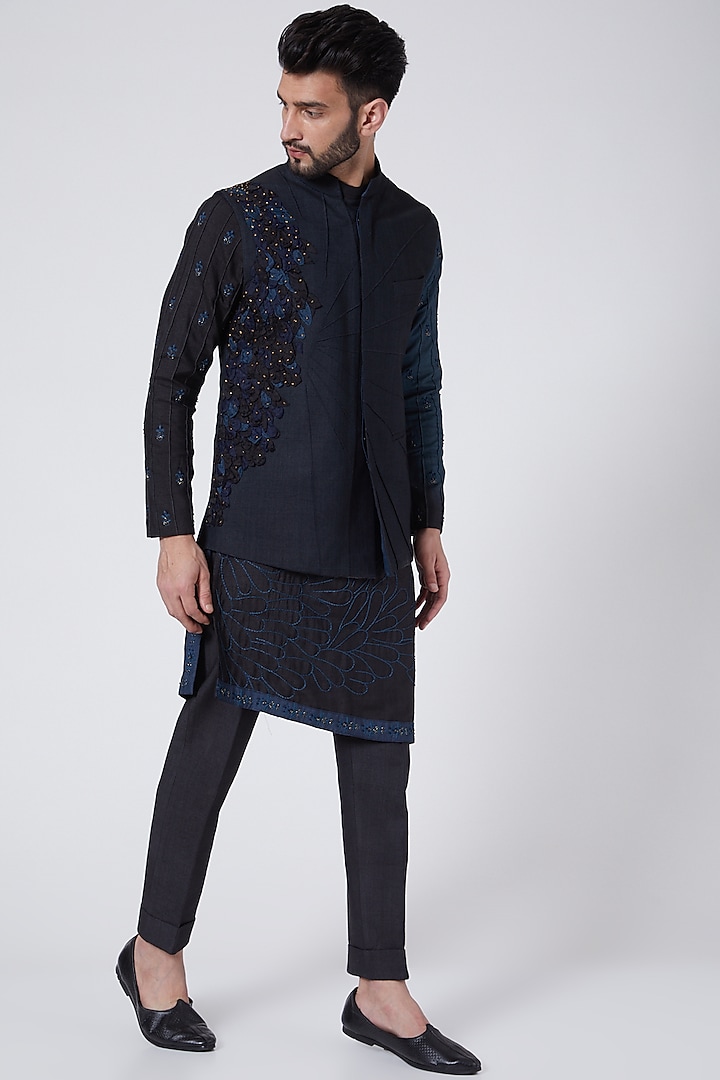 Midnight Blue Pintuck Jacket Set by Jatin Malik at Pernia's Pop Up Shop