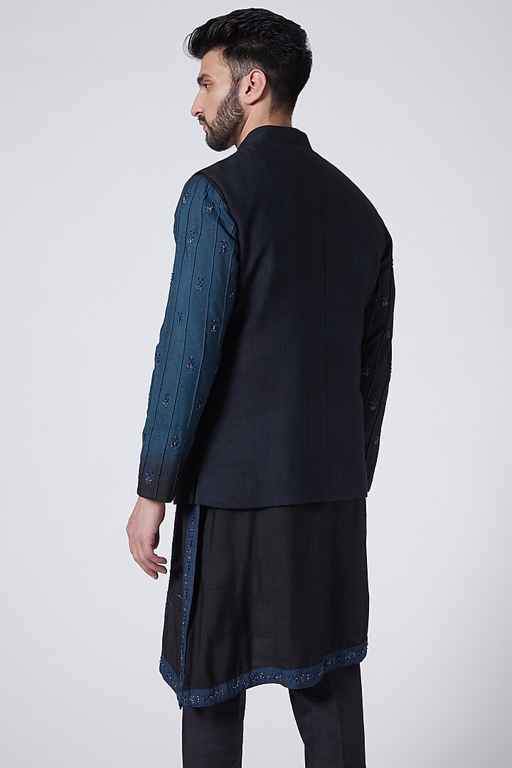 Midnight Blue Pintuck Jacket Set by Jatin Malik at Pernia's Pop Up Shop