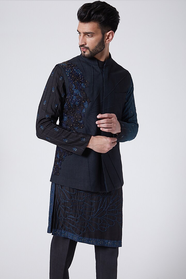 Midnight Blue Pintuck Jacket Set by Jatin Malik at Pernia's Pop Up Shop