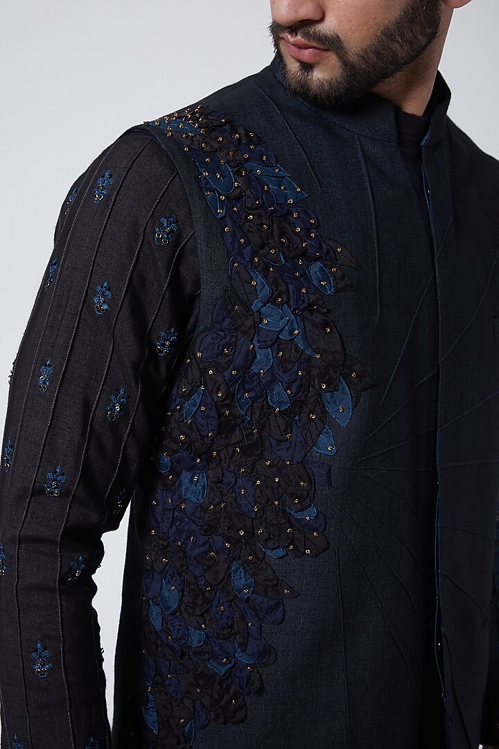 Midnight Blue Pintuck Jacket Set by Jatin Malik at Pernia's Pop Up Shop