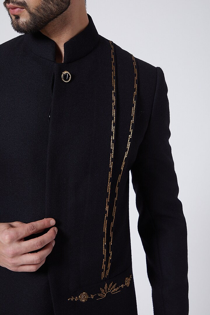 Black Pleated & Embroidered Indo-Western Jacket Set by Jatin Malik at Pernia's Pop Up Shop