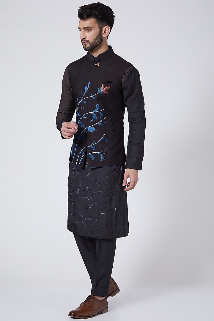 Black Slub Silk Handpainted & Embroidered Nehru Jacket Set by Jatin Malik at Pernia's Pop Up Shop