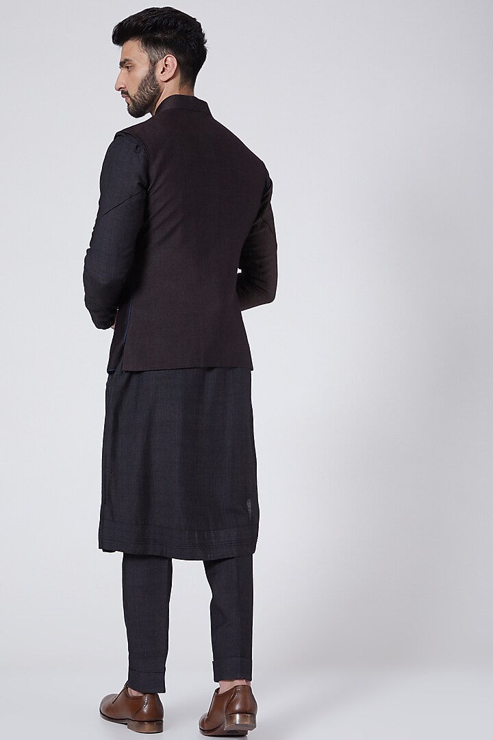 Black Slub Silk Handpainted & Embroidered Nehru Jacket Set by Jatin Malik at Pernia's Pop Up Shop
