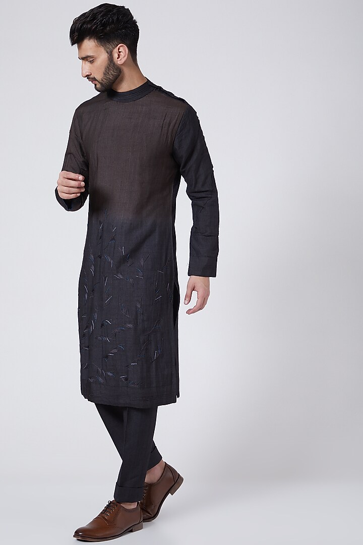 Black Slub Silk Handpainted & Embroidered Nehru Jacket Set by Jatin Malik at Pernia's Pop Up Shop