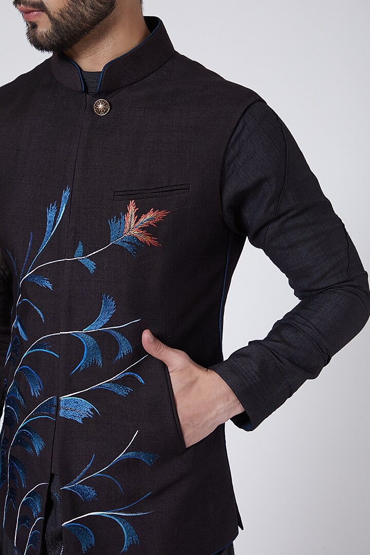 Black Slub Silk Handpainted & Embroidered Nehru Jacket Set by Jatin Malik at Pernia's Pop Up Shop