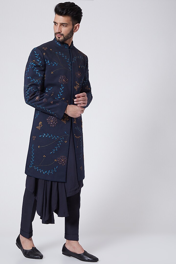 Midnight Blue Hand Painted Achkan Jacket by Jatin Malik at Pernia's Pop Up Shop