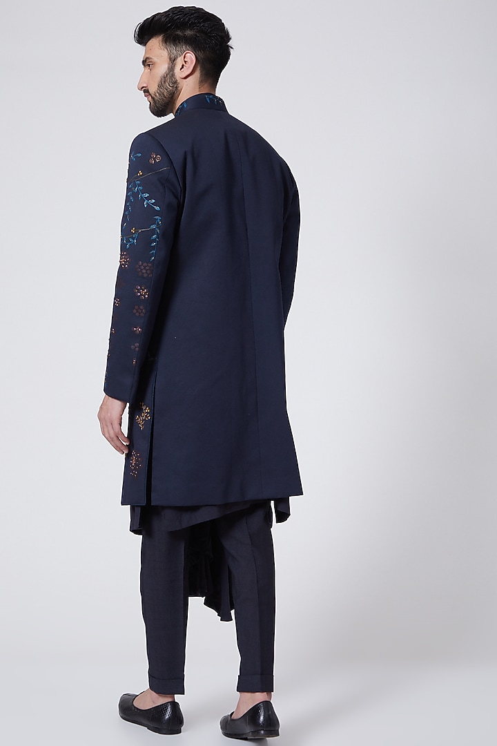 Midnight Blue Hand Painted Achkan Jacket by Jatin Malik at Pernia's Pop Up Shop