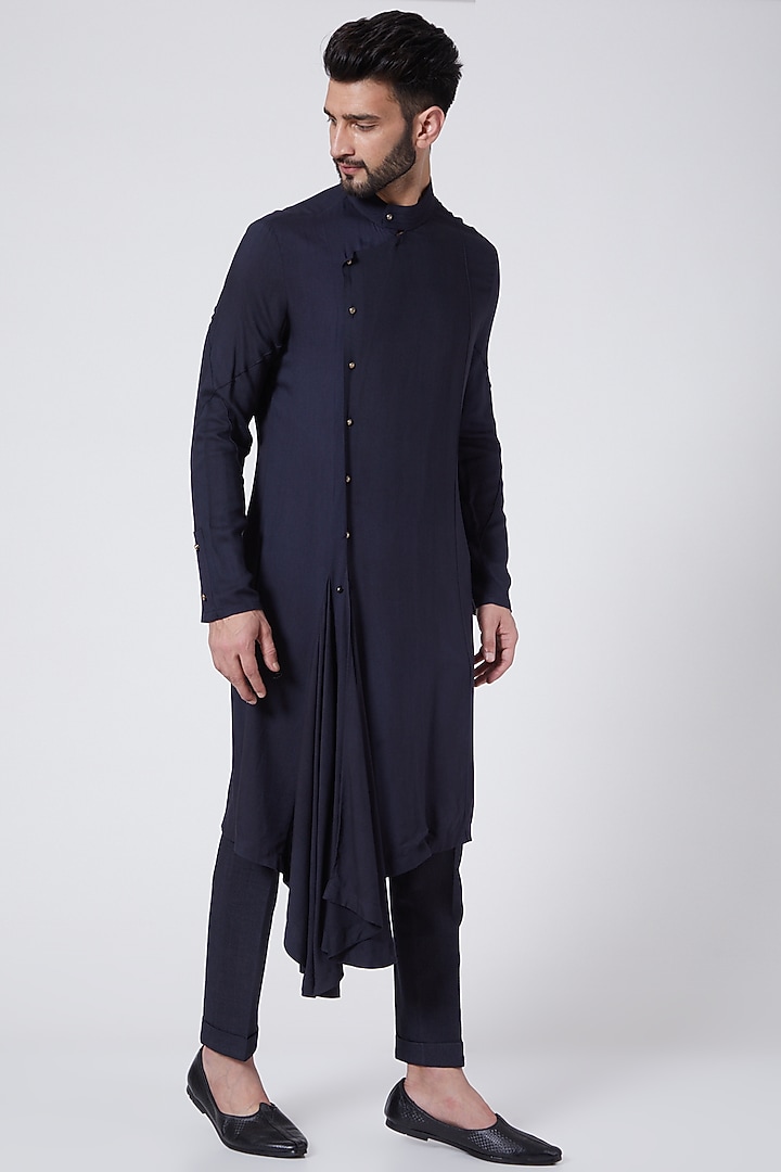 Midnight Blue Hand Painted Achkan Jacket by Jatin Malik at Pernia's Pop Up Shop